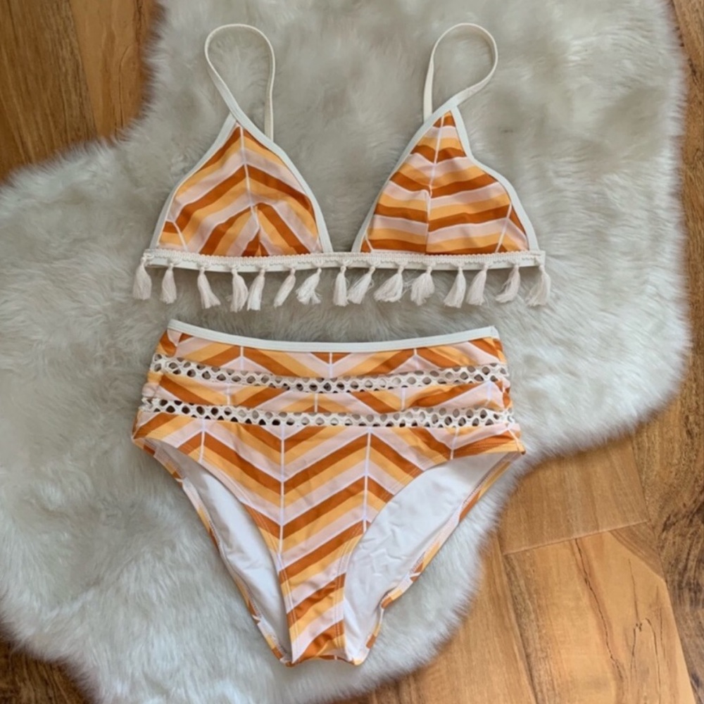 Forever 21 Boho Chevron Tassel Fringe Striped High Waist Bikini Top Bottom Set